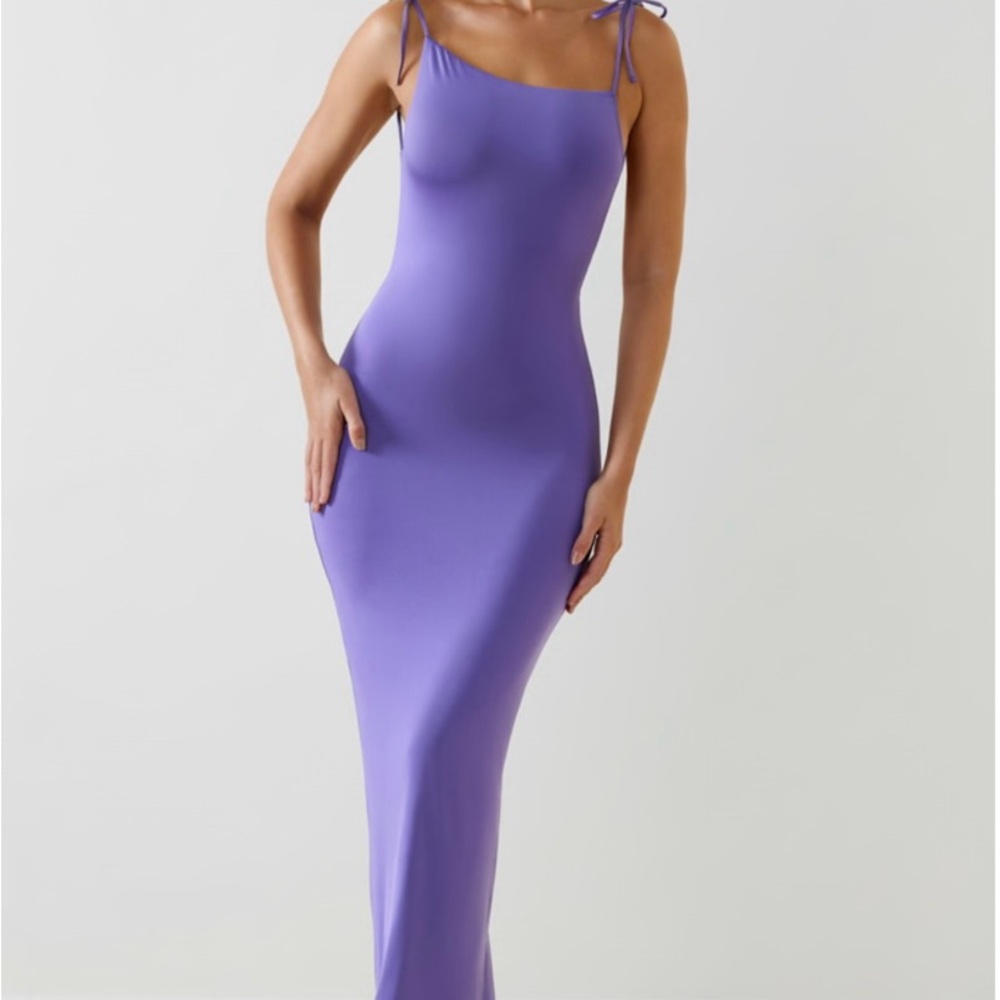 Oh Polly Ruched Backless Maxi Dress in Violet